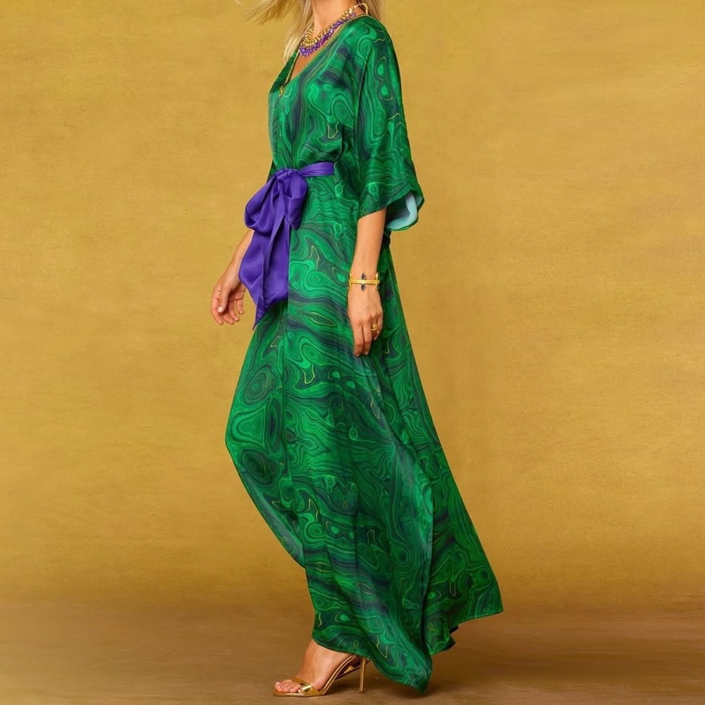 Nicoblu kaftan dress Sofia belted Silk Green Precious Malachite Sz XS-M READ